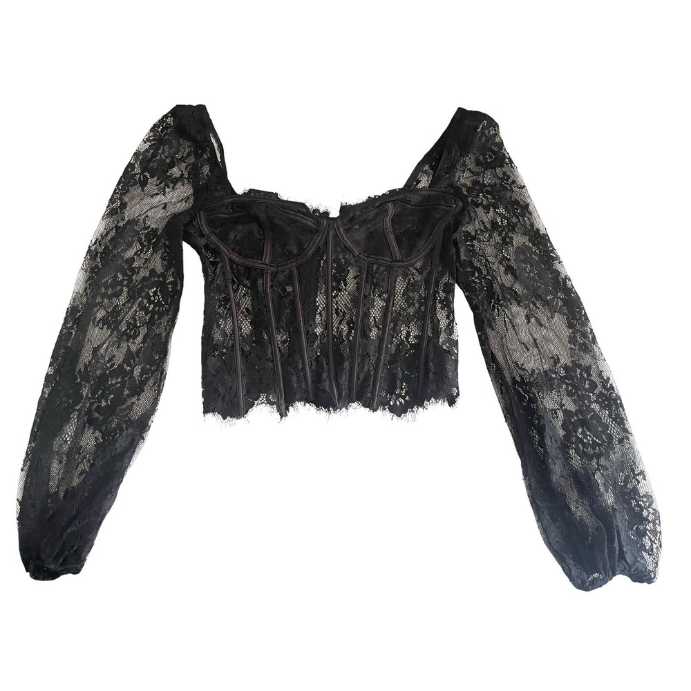 Black Sheer Lace Corset Top Boned Bustier Gothic Coquette Witchy Fairy Grunge M - Picture 10 of 13